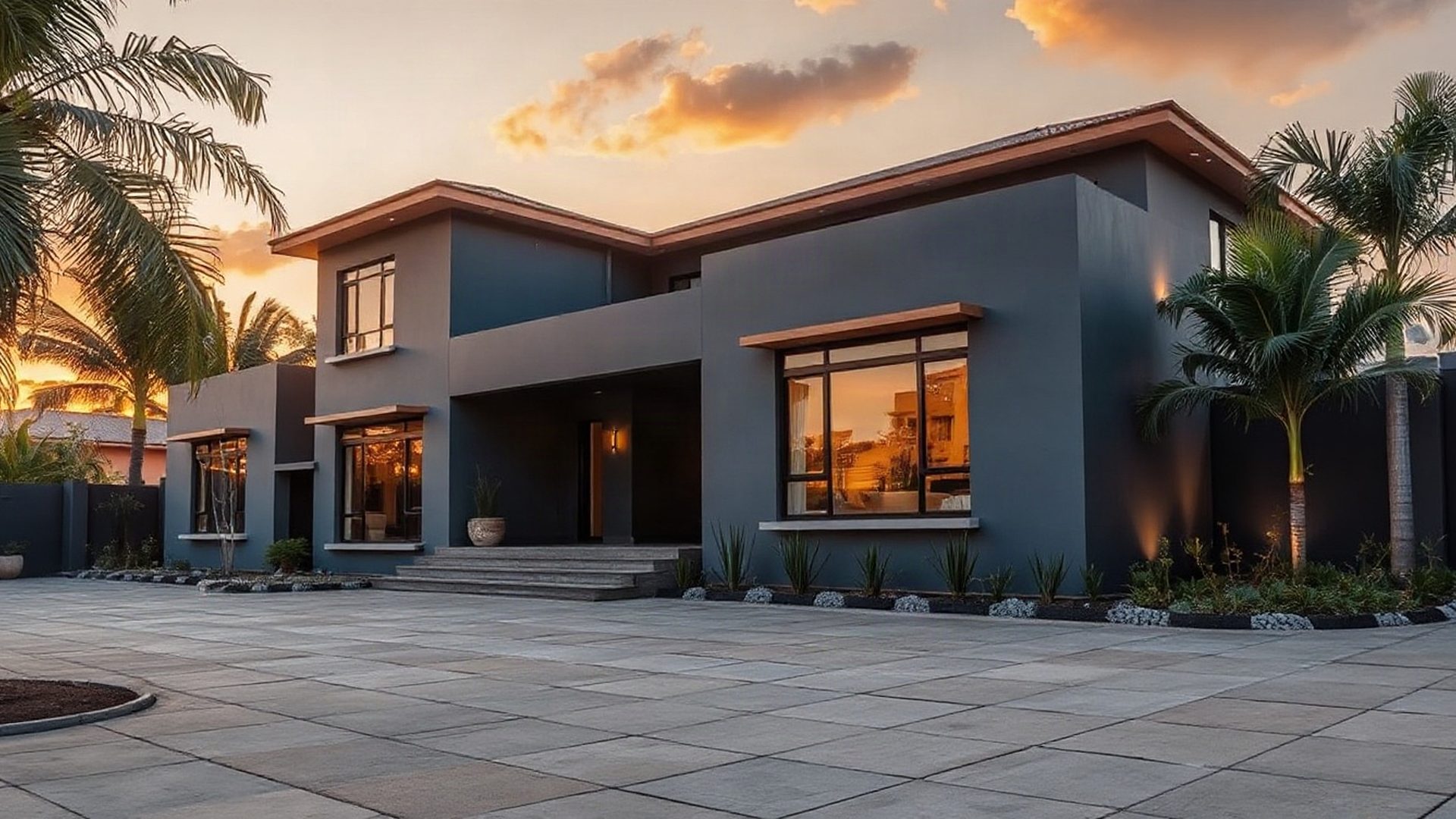 Modern Kisumu residential exterior at golden hour